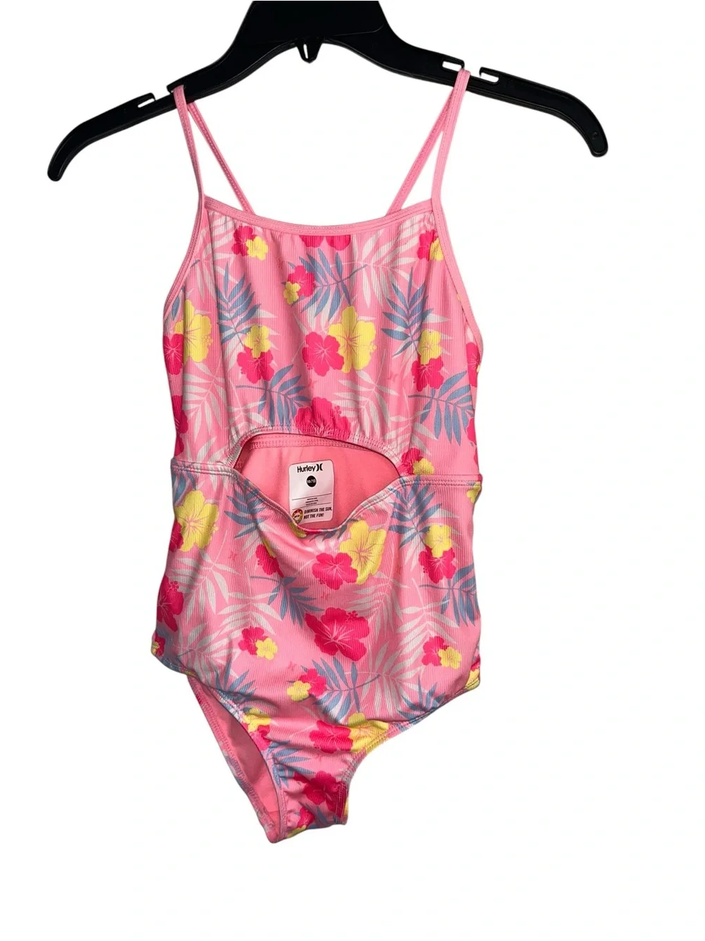 Hurley Girls 10/12 Pink Tropical Floral Cutout One Piece Swimsuit